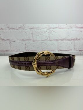 Gucci Vintage Bamboo GG Canvas Leather Waist Metallic Purple Belt 75/30